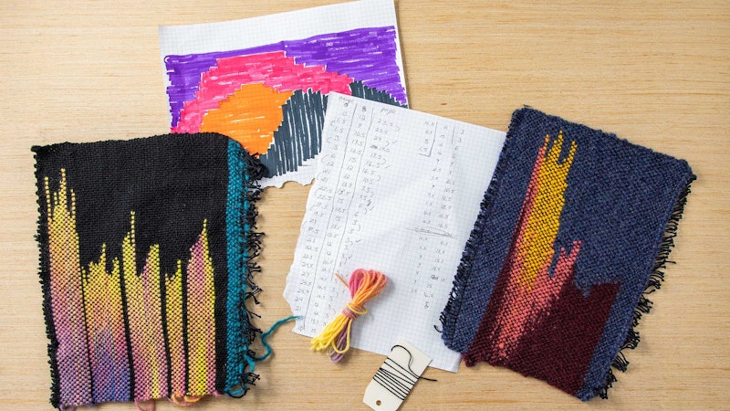 Samples and drawings of a planned pooling weaving experiment with handspun yarn.