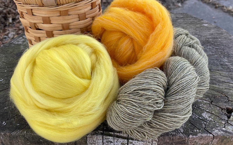Yellow and orange fiber next to a pale green skein of yarn.