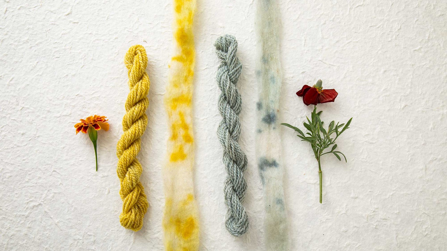 Flowers fiber and yarn on a white surface.