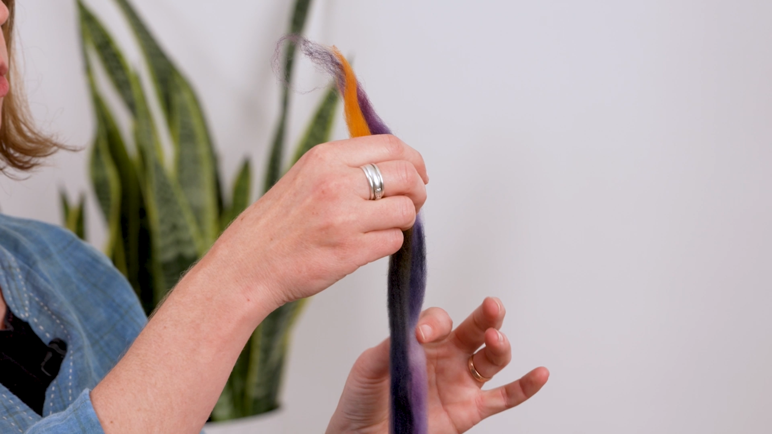 Hands holding a strip of orange and a strip of purple fiber overlapped. There is a snake plant in the background.