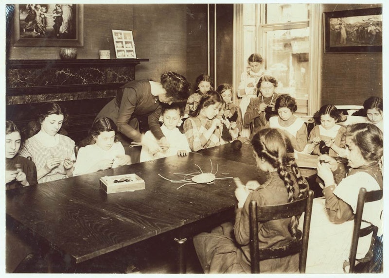 >Photograph of a knitting class at the Henry Street Settlement, New York, New York, by Lewis Wickes Hine (1874–1940). May 1910. National Child Labor Committee Collection, Library of Congress Prints and Photographs Division, Washington, D.C. (LOT 7483, v. 1, no. 1044.) Photograph courtesy of the Library of Congress Prints and Photographs Division