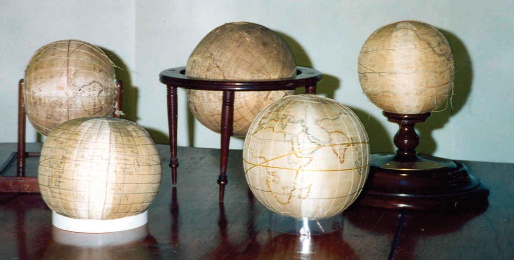 Embroidered globes in the collection of the Westtown School, Westtown, Pennsylvania. Photograph courtesy of Westtown School, Westtown, Pennsylvania.
