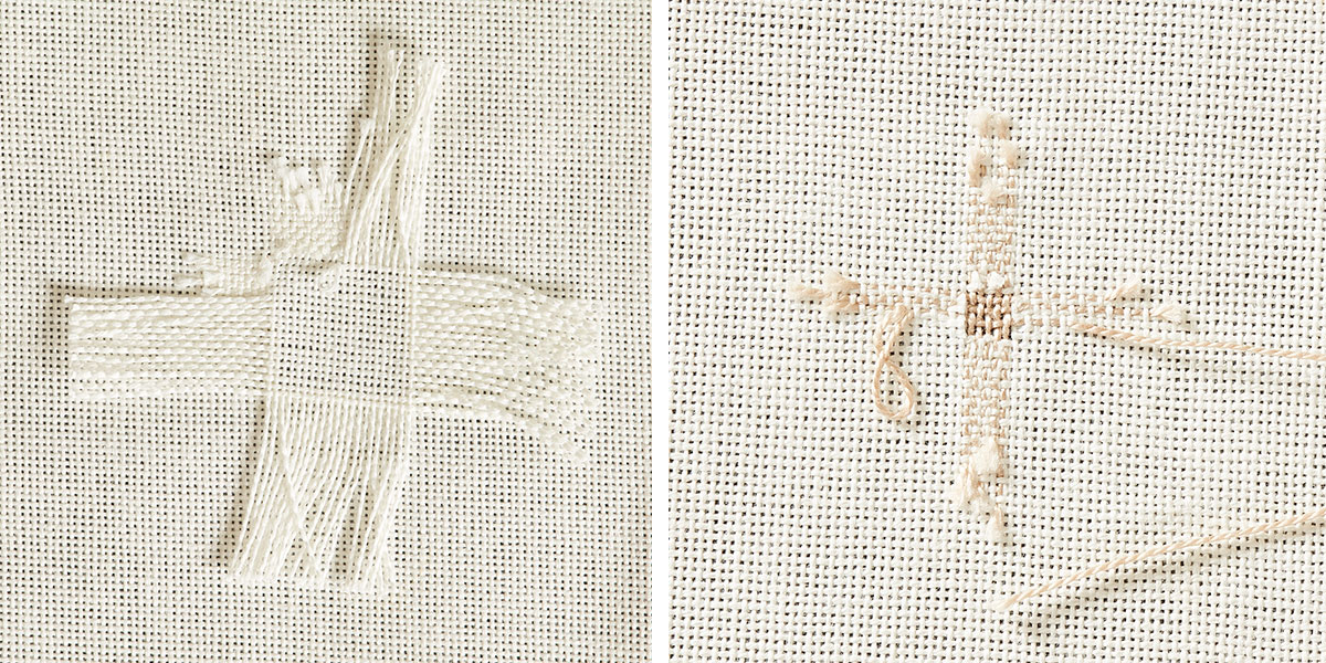 Piece weaving (left) and French weaving or reweaving (right). Photos by George Boe