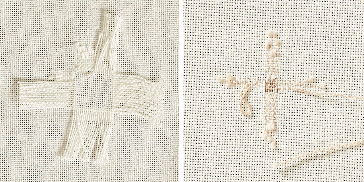 Piece weaving (left) and French weaving or reweaving (right). Photos by George Boe