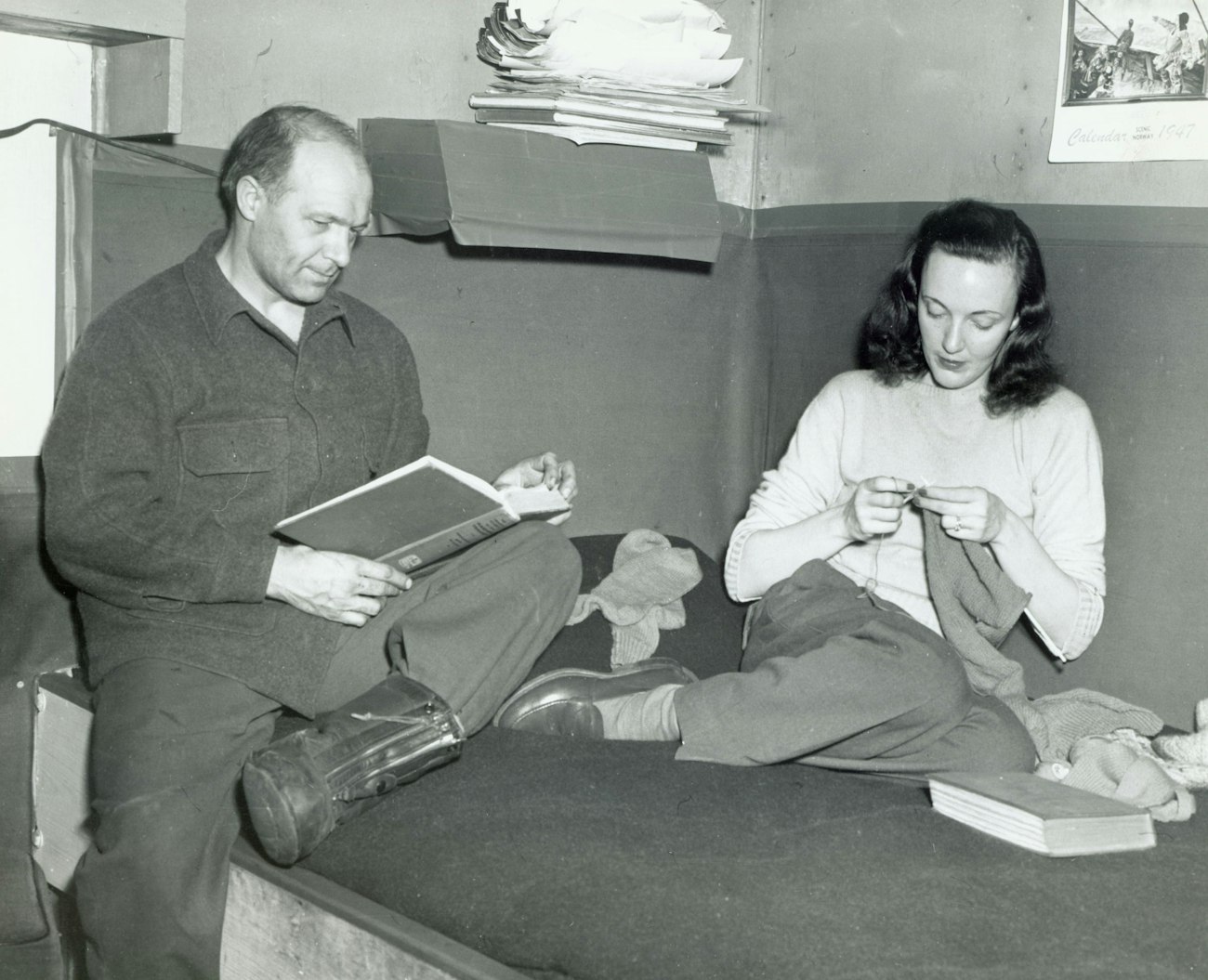 Finn and Jackie Ronne in their living quarters. Ronne Antarctic Research Expedition (1947–1948). Photograph courtesy of the Ronne Family