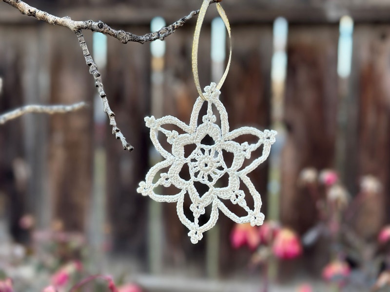 A crochet snowflake ornament is hanging from a branch in a tree.