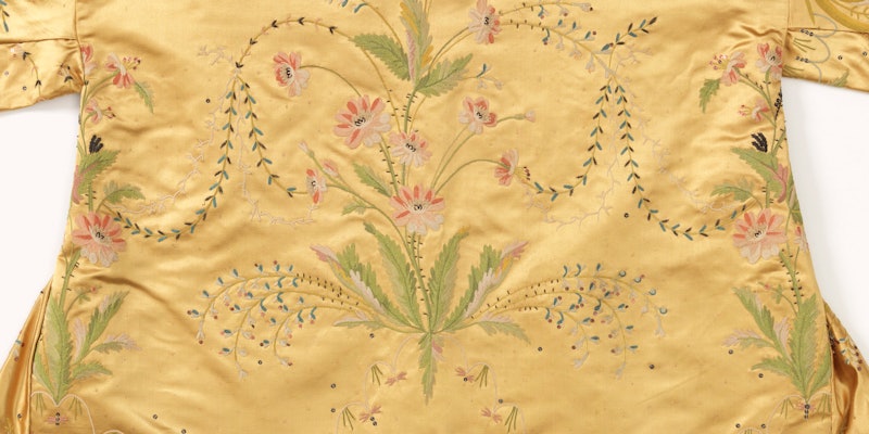 This is a Child's blouse. It is dated 18th–19th century and we acquired it in 1902. Its medium is silk, metallic yarns and its technique is tambour embroidery on satin weave. It is a part of the Textiles department.