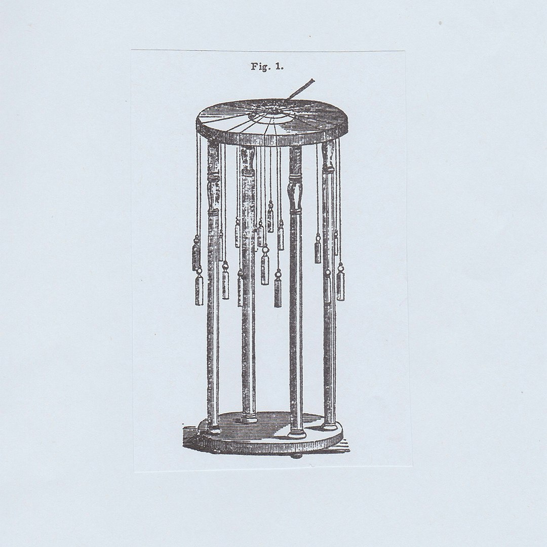 Illustration of a Common Type of Hair Braiding Table, including Bobbins and Weights, <em>Godey’s Lady’s Book,</em> 41, 377. 1850.