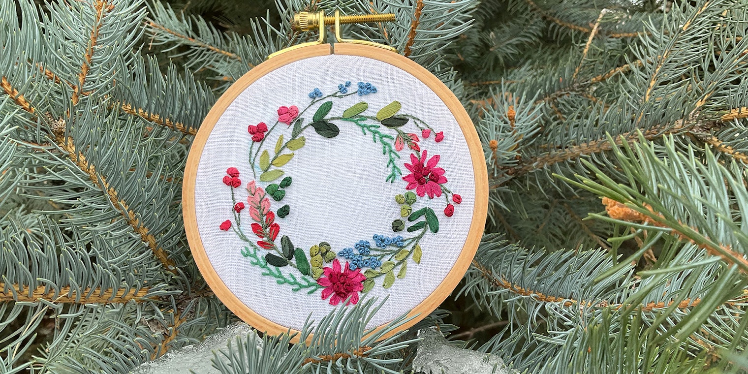 Winter Wreath in Silk Ribbon.All Access subscribers can download the chart and instructions from the PieceWork Library.