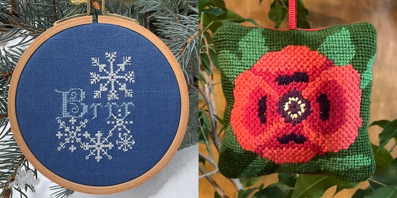 Blue cross stich ornament with snowflakes and saying Brr, stitched poppy ornament
