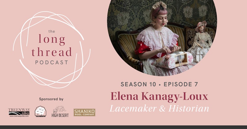 Elena Kanagy-Loux working bobbin lace wearing a red shiny dres and lace collar