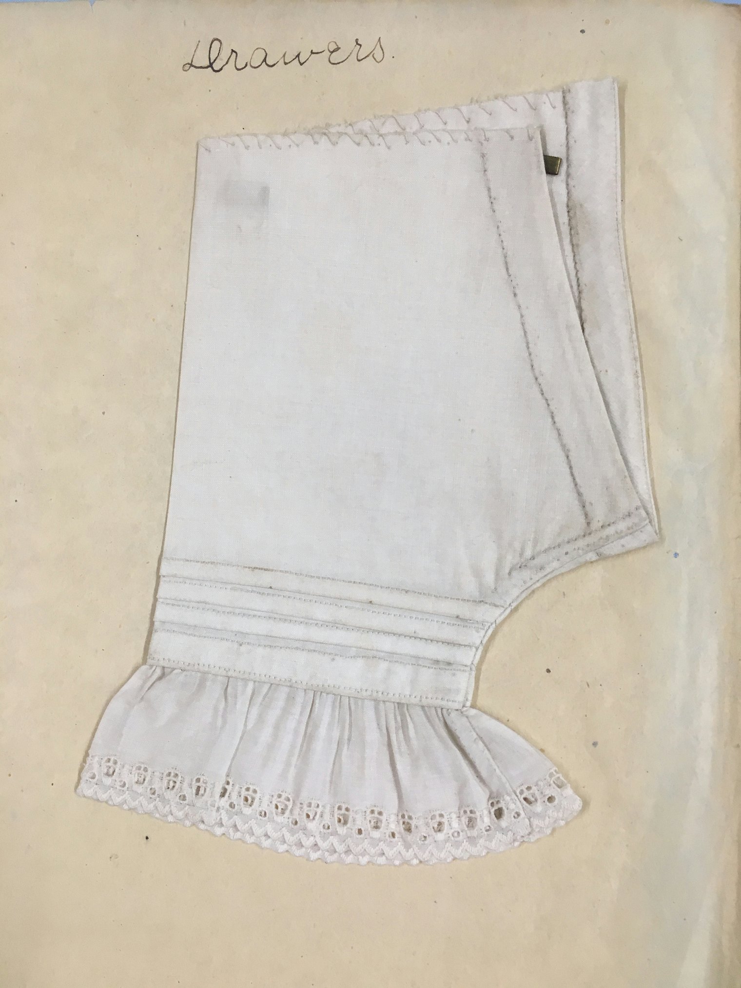Another booklet with a small perfectly sewn half of a set of drawers. Women ceased wearing this type of undergarments after 1910, as clothing styles changed. They became obsolete after 1920. Donor: Estate of Esther Tripp. Historic Textile and Costume Collection, University of Rhode Island, URI 1965.19.03.