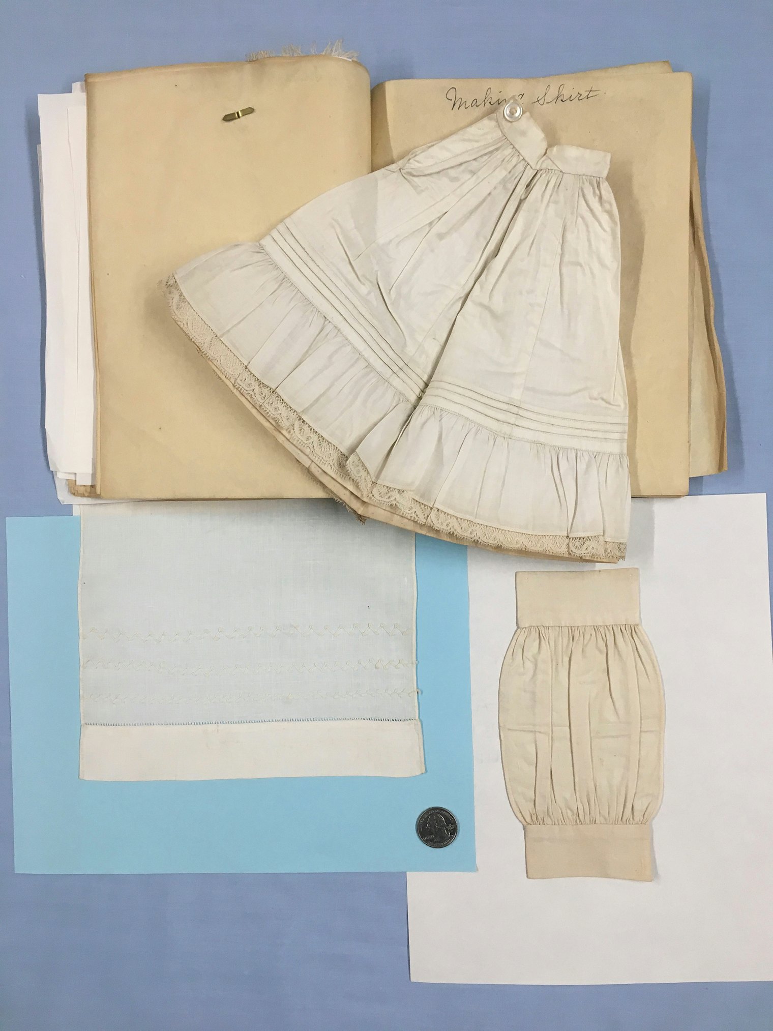 A booklet, carefully arranged by Esther W. Tripp, 1882–1964, has small-scale models, including the petticoat shown here, attached to the pages with brass paper fasteners. Miss Tripp taught at several schools in Providence in the early 1900s. Donor: Estate of Esther Tripp. Historic Textile and Costume Collection, University of Rhode Island, URI 1965.19.03.