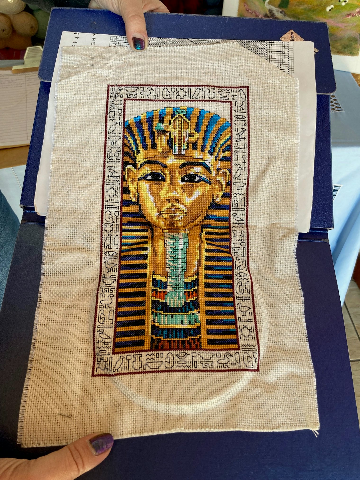 Natalie Lubbe finished her stunning cross-stitched King Tut. Photos courtesy of Tina Ainslie