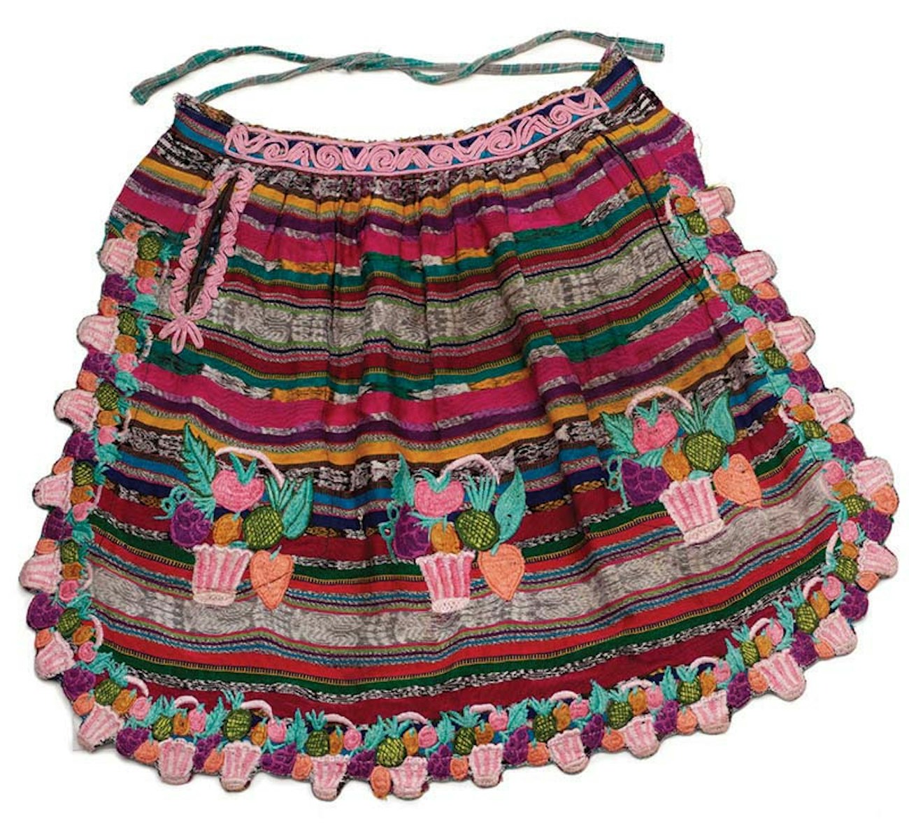 Apron. Maker unknown. Sewn and machine-embroidered. Cotton. San Martín Sacatepéquez, Guatemala. Circa 1950. Apron in the collection of Deborah Dwyer.