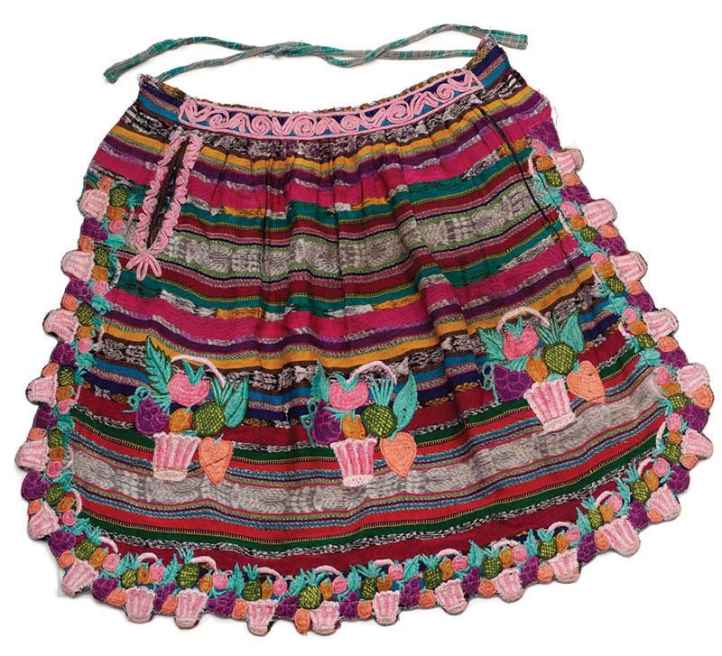 Apron. Maker unknown. Sewn and machine-embroidered. Cotton. San Martín Sacatepéquez, Guatemala. Circa 1950. Apron in the collection of Deborah Dwyer.