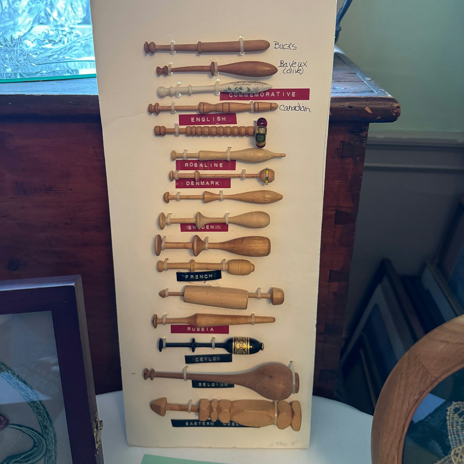 Although traditional Ipswich bobbins were roughly made of local reeds and wood, lace traditions around the world have different styles of bobbins that are typical of their region. Many examples of some of these styles are shown here.