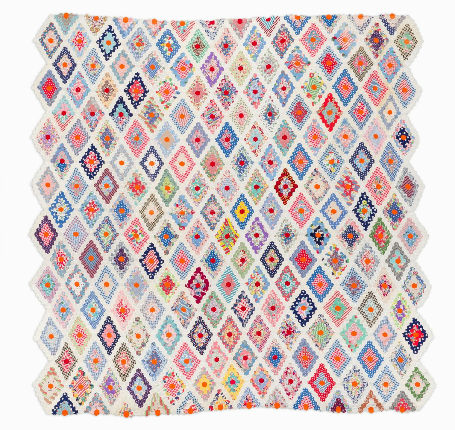  Unidentified Maker, Feed Sack Quilt Top, Hexagon Diamonds, U.S.A., circa 1940s. Cotton. 82 in. x 87 in. Gift of Pat L. Nickols; digitization made possible through the Quilter's Guild of Dallas, Quilt Accessibility Project, 2012-35-111. Photo courtesy of Tim Siegert