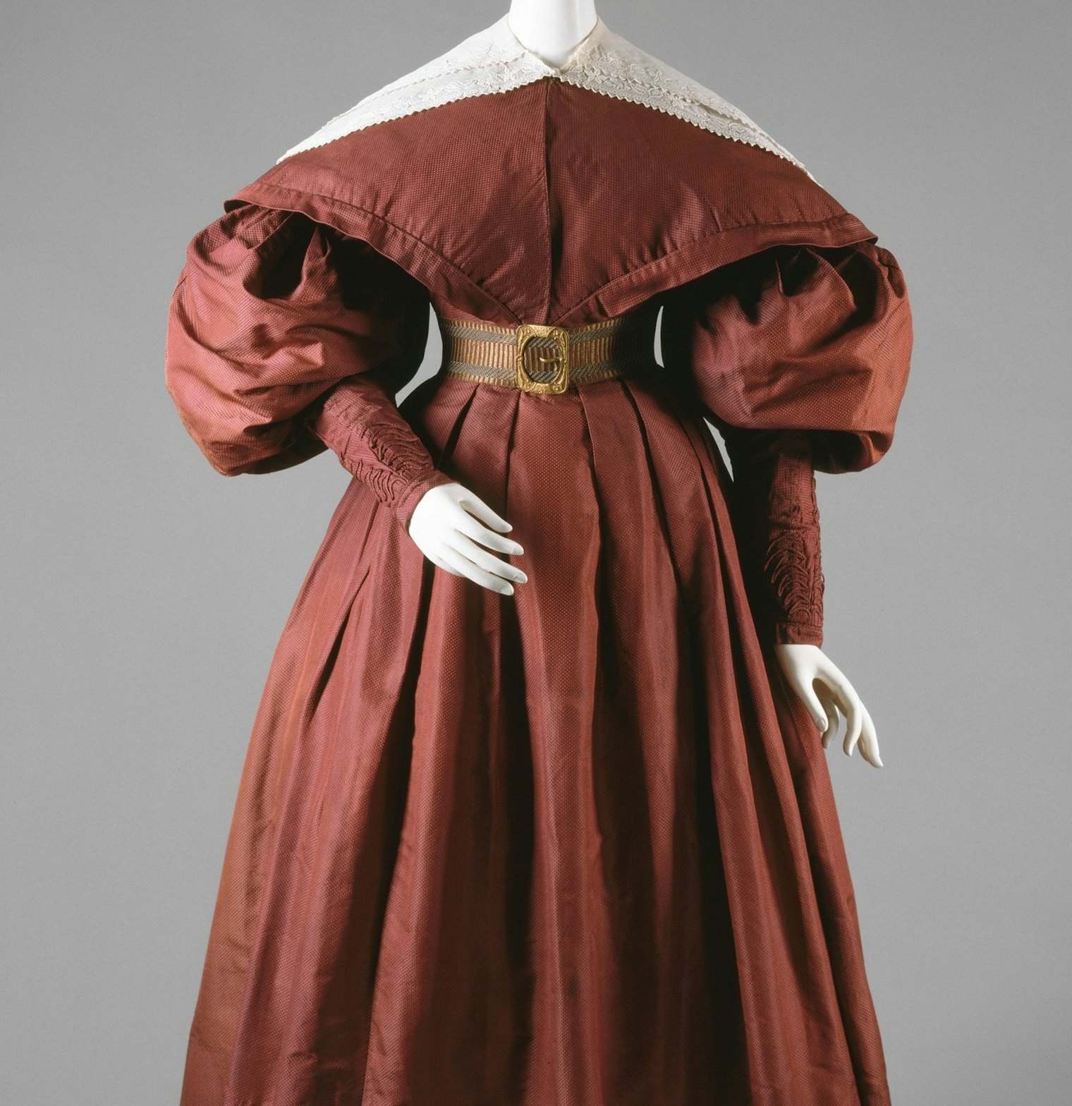 Silk walking ensemble in a delicious brown color with leg-of-mutton sleeves, America, circa 1835. Gift of Mrs. James Sullivan, in memory of Mrs. Luman Reed, 1926, 26.250. Photo courtesy of the Metropolitan Museum of Art
