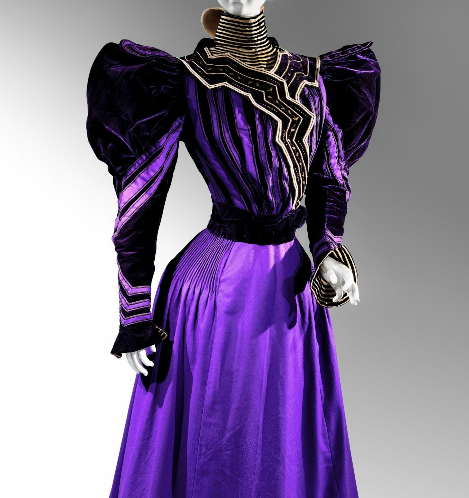 This bright purple half-mourning dress shows the full leg-of-mutton sleeve that graced mid-1890s fashions. Circa,1894–96. Gift of The New York Historical Society, 1979, 1979.346.25. Photo courtesy of the Metropolitan Museum of Art