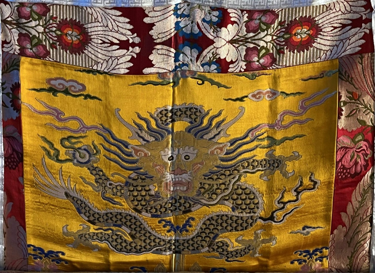 An embrodered banner inside a Buddhist temple in Pokhara, Nepal.