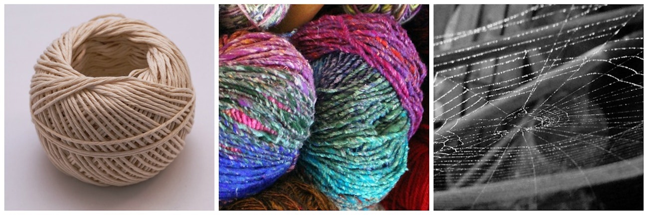 Ball of string, yarn, and spider web to demonstrate thickness variations. 