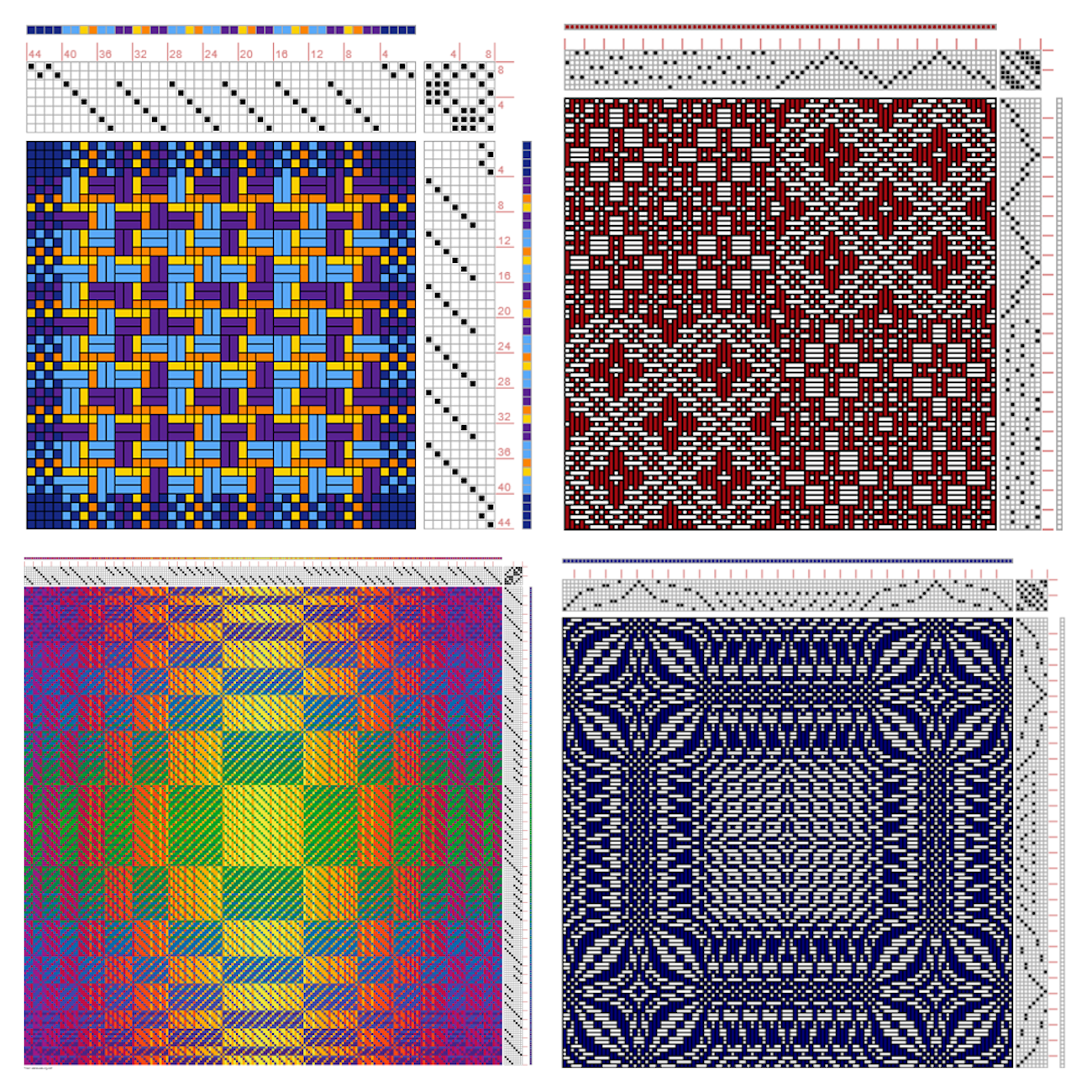 Clockwise from top left: Draft Editor, two examples of Amalgamation Drafting, and  Draft Color Editor.
