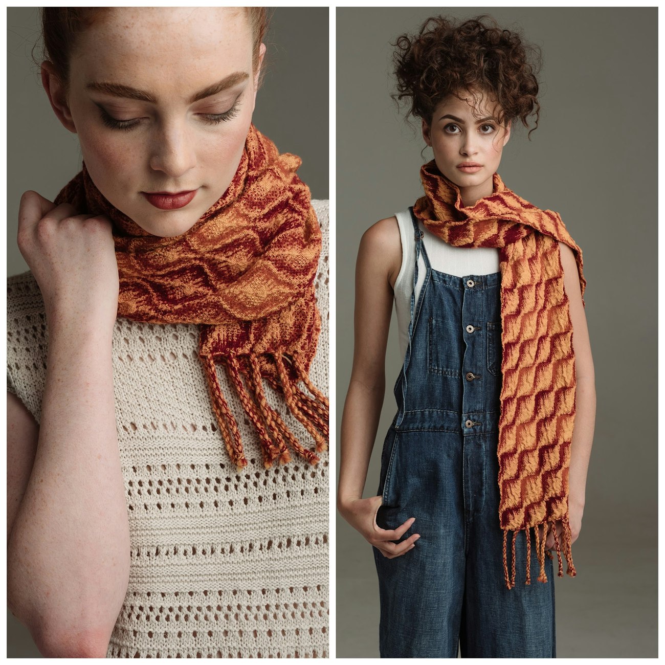 8-shaft Autumn Leaves scarf on the left; 16-shaft version on the right. Photos by Caleb Young, Good Folk Photography
