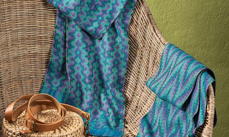 The 65 Roses, Take 2 scarves from Handwoven Nov/Dec 2022. Scarf 1 is on the left, and scarf 2 is on the right. Photo by Matt Graves