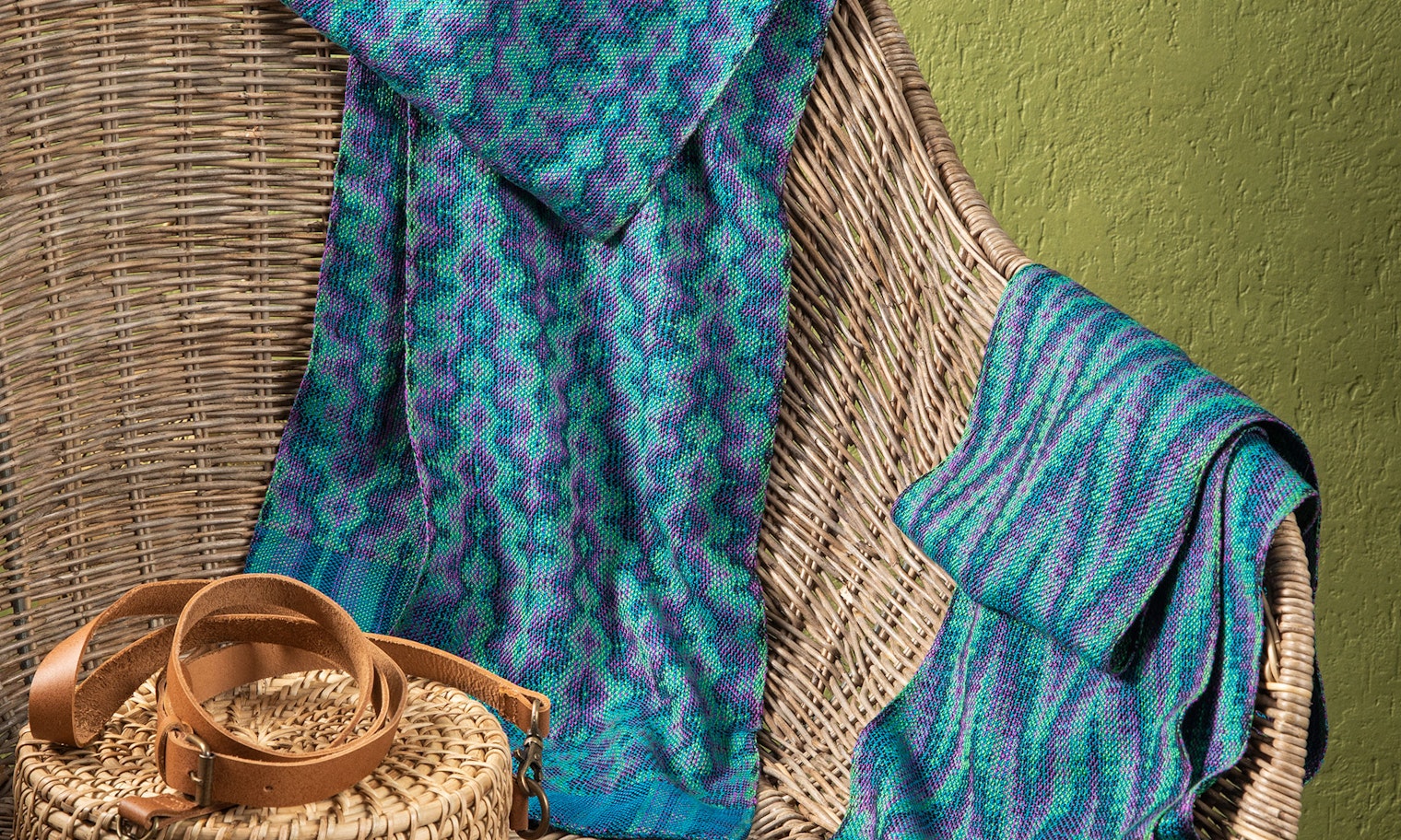 The 65 Roses, Take 2 scarves from Handwoven Nov/Dec 2022. Scarf 1 is on the left, and scarf 2 is on the right.  Photo by Matt Graves