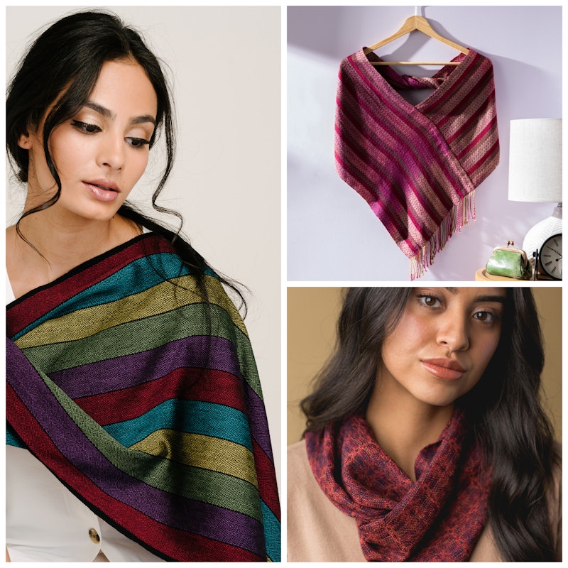 Left: Charlene Kolb’s Radiant Mobius shawl; top right: Eileen Lee’s Sunset Twist shawl; bottom right: Susan Porter’s Gumdrops and Blossoms cowl. Photos by Caleb Dane Young, Matt Graves, and Harper Point, respectively