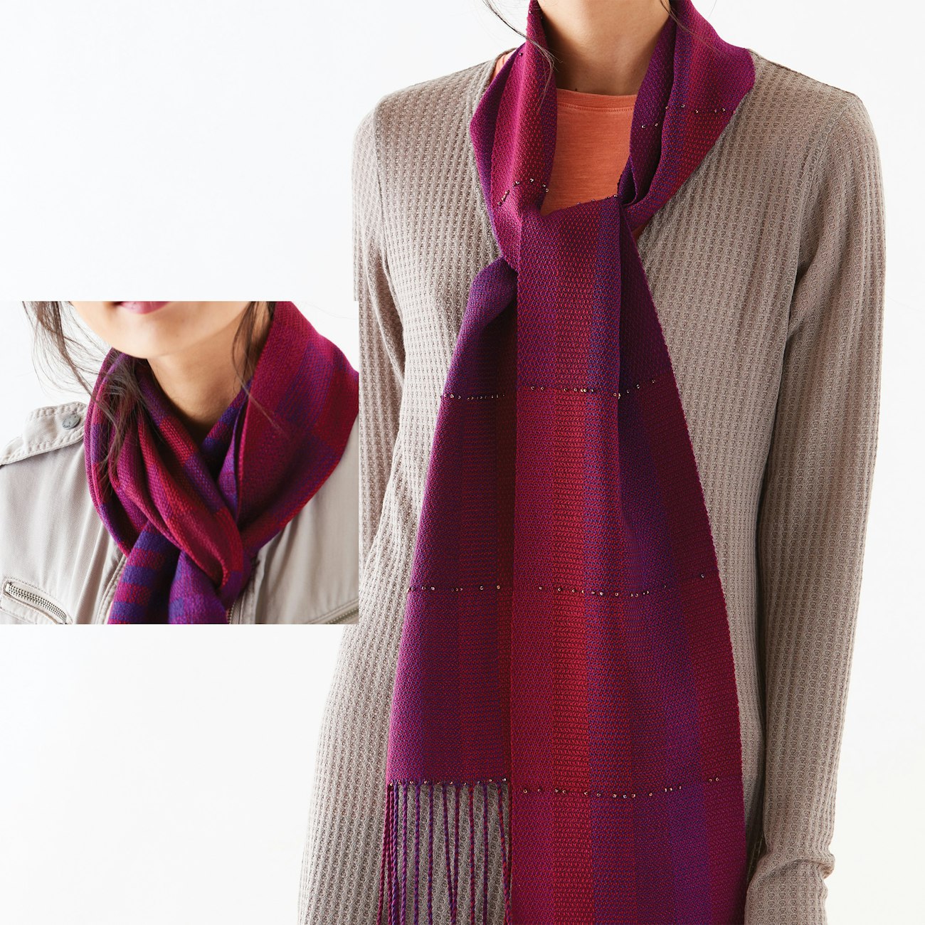 Drawn to the colors that reminded her of raspberries and blueberries, Braspberry Scarves by Sarah Jackson provide opportunities for larger color blocks of magenta. From Handwoven May/June 2019. Photo by George Boe