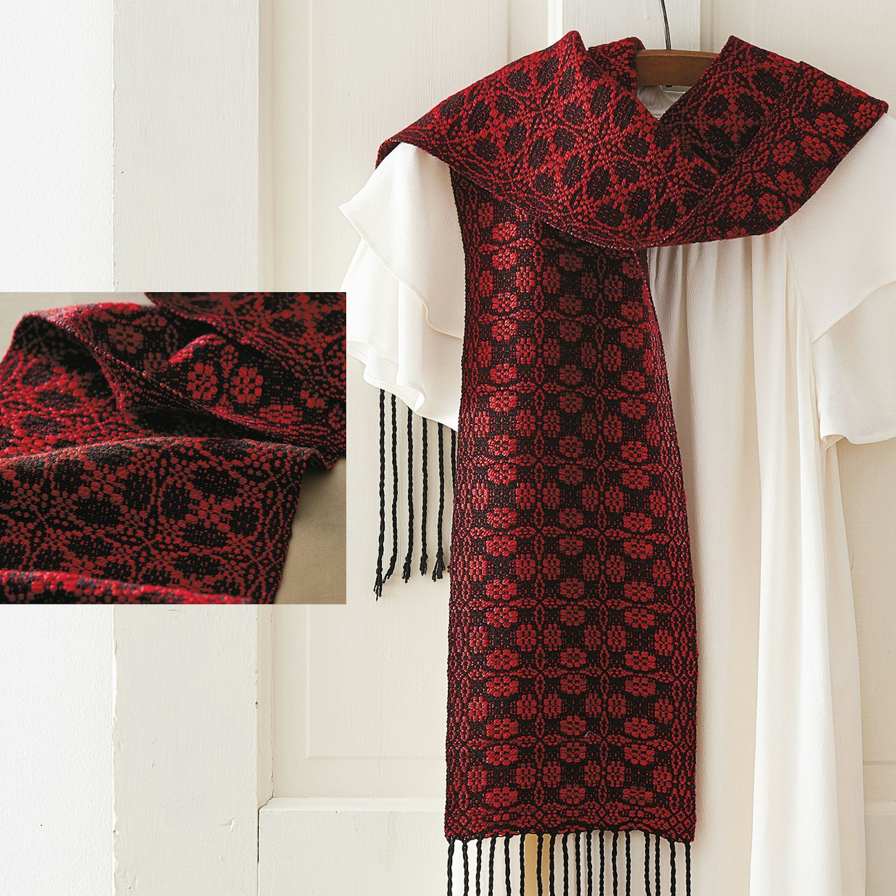 Though a tad redder than this year’s color, the Ancient Rose Scarf by Christina Garton shows how a deep color, such as Viva Magenta, can be paired with darker yarn to create balance. From Handwoven Mar/Apr 2019. Photo by George Boe