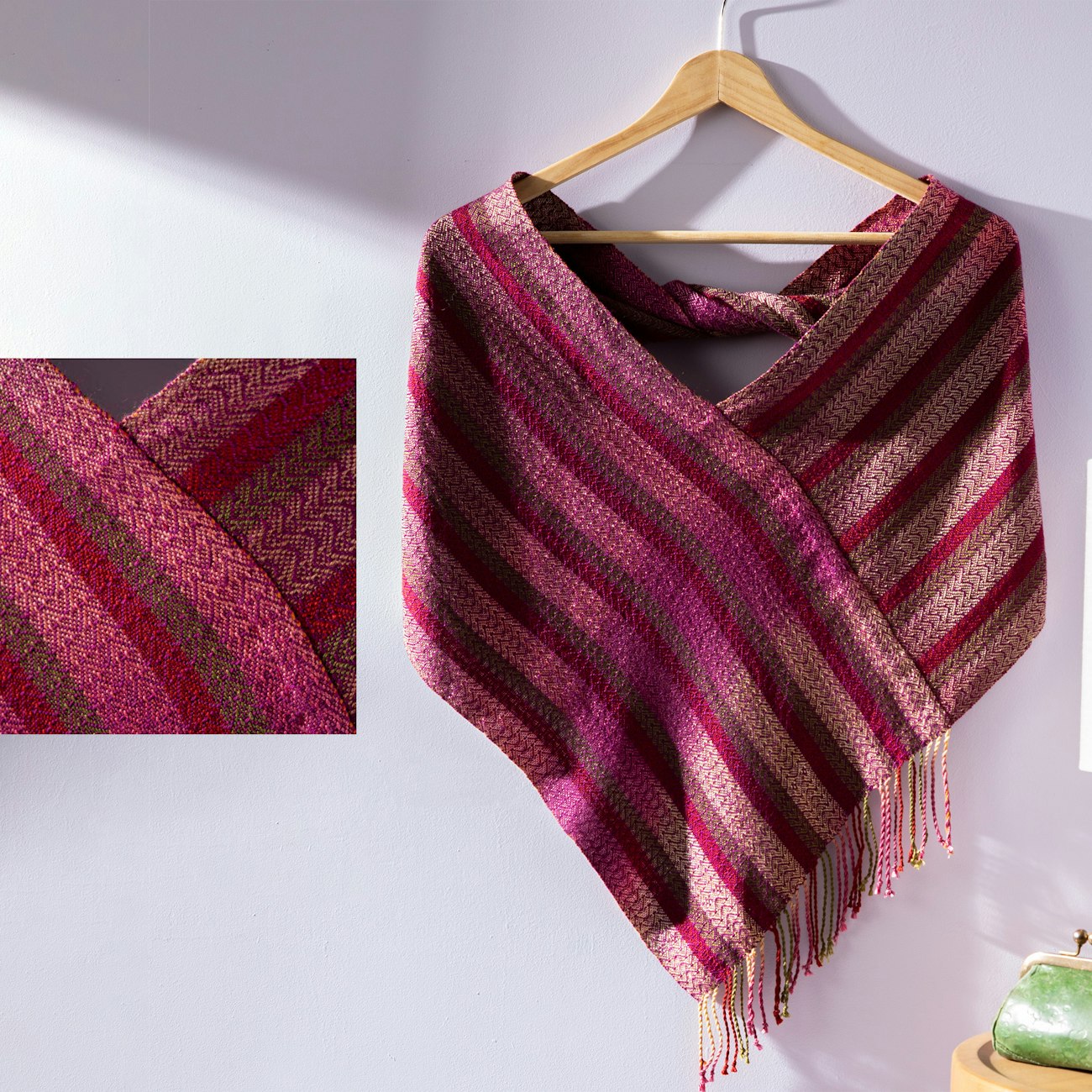 With an autumn-inspired painted warp, Sunset Twist by Eileen Lee showcases how multi-colored strands can shine in a design. From Handwoven May/June 2022. Photo by Matt Graves