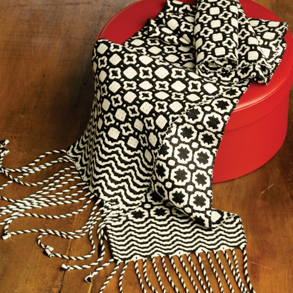 Madelyn van der Hoogt’s classic Silk Scarves in Deflected Doubleweave also use 20/2 silk in warp and weft. Photo by Joe Coca
