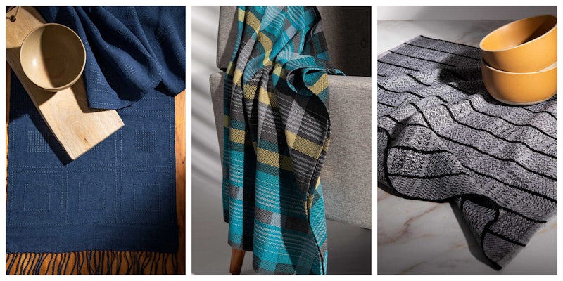 From the left: Sarah Jackson’s Square Dance Runner, Jan Eckert and Sheila O'Hara’s Santorini Blanket, and Jan Joseifek’s Woven Mosaic runner. Photos by Matt Graves