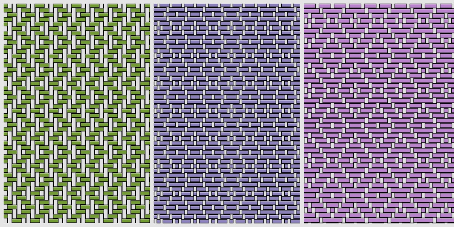 Three 4-shaft twills that can also easily be woven on a rigid-heddle loom with two heddles, a heddle rod, and a pick-up stick.