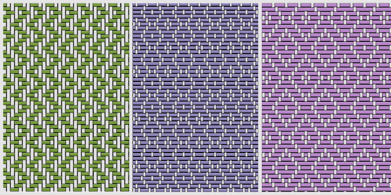 Three 4-shaft twills that can also easily be woven on a rigid-heddle loom with two heddles, a heddle rod, and a pick-up stick.