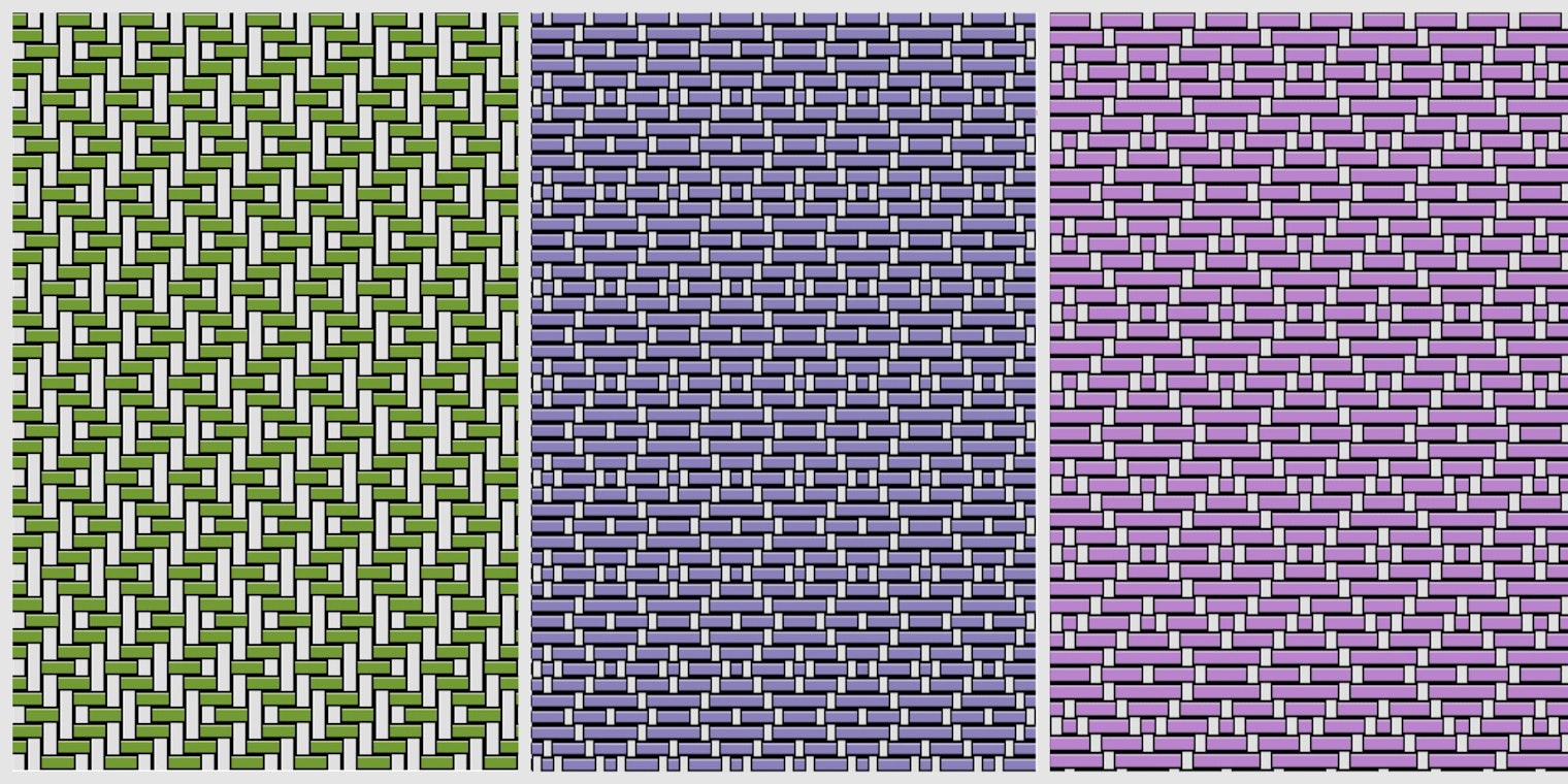 Three 4-shaft twills that can also easily be woven on a rigid-heddle loom with two heddles, a heddle rod, and a pick-up stick.