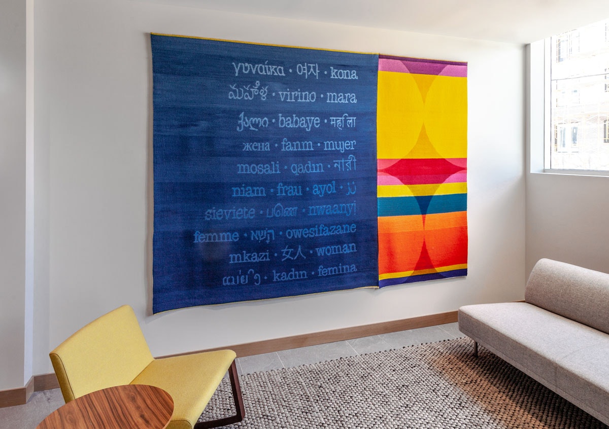 Women of the World Weft faced ikat tapestry, diptych, 87" L x 115" W, wrapped, dyed & woven wool and silk/bamboo on linen warp, 2018 Installed at lobby of Women’s Center for Advancement, Omaha