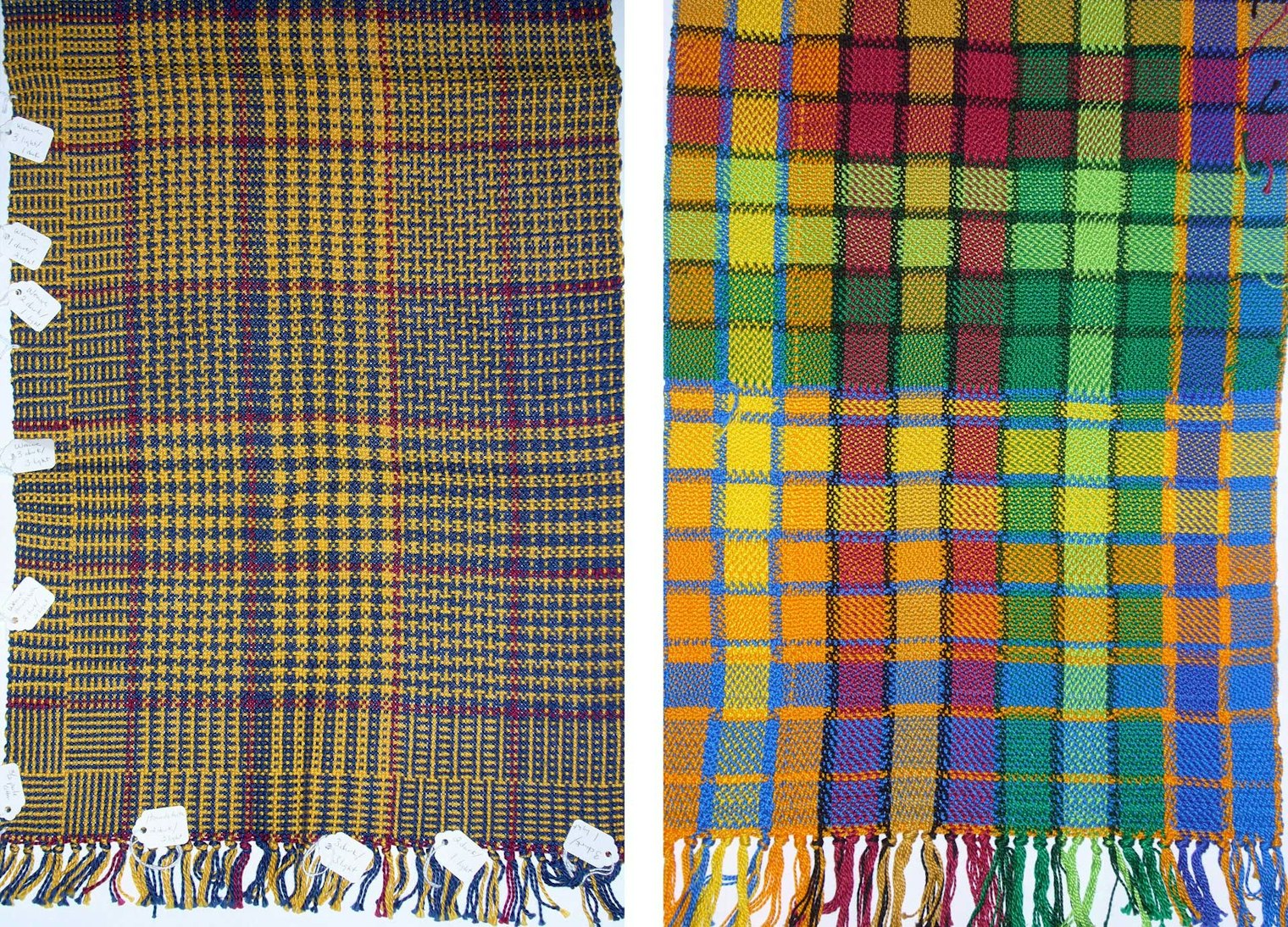 Two handwoven scarves, at left you see Deb’s color-and-weave sampler to play with threadings, and at right, false damask sample is threaded with warm colors and the other half with cool colors
