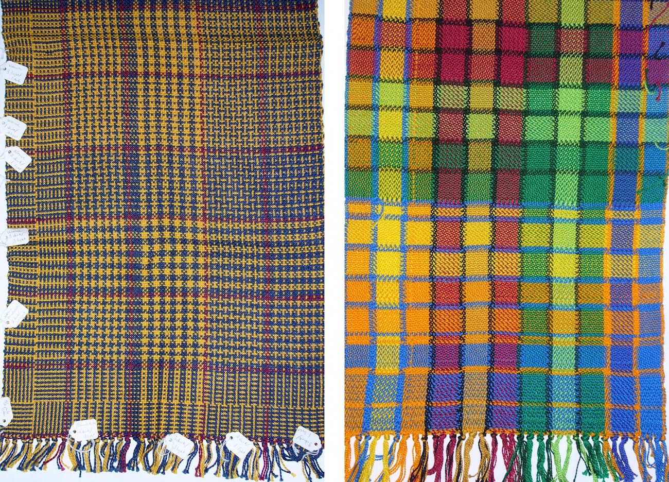 Two handwoven scarves, at left you see Deb’s color-and-weave sampler to play with threadings, and at right, false damask sample is threaded with warm colors and the other half with cool colors