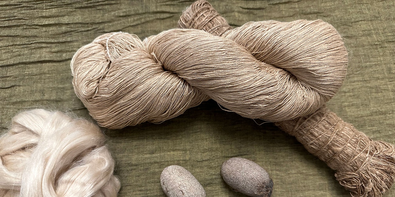 Beige-colored natural silk fiber, yarn, and cocoon