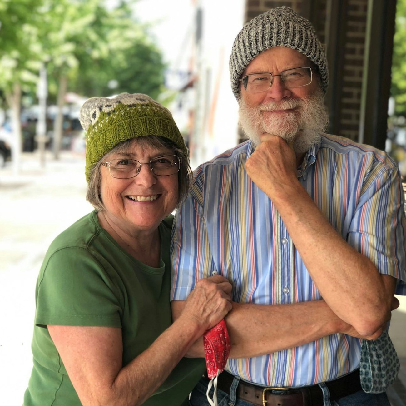 Man and woman in handknitted hats