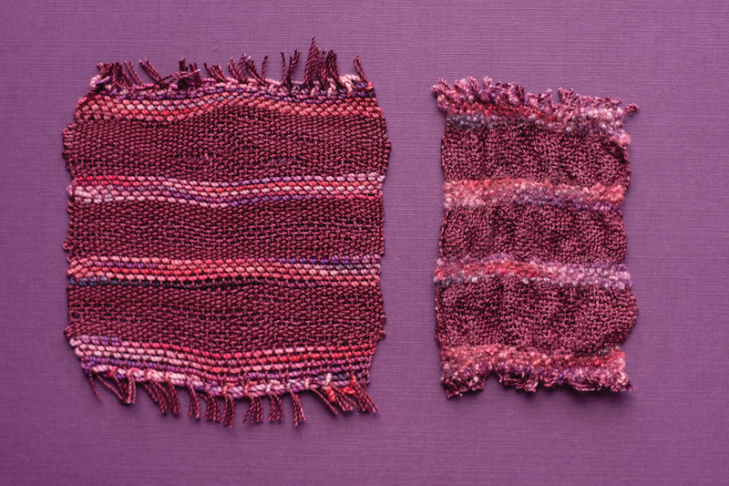 Samples before and after wet-finishing using a combination of shrinking and nonshrinking yarns. Photo by Pamela K. Shultz