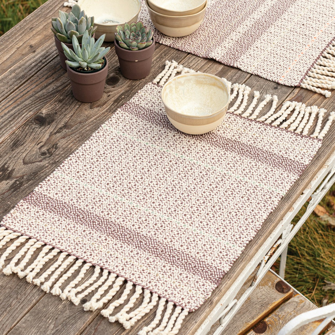 Brown and cream placemat on outdoor table