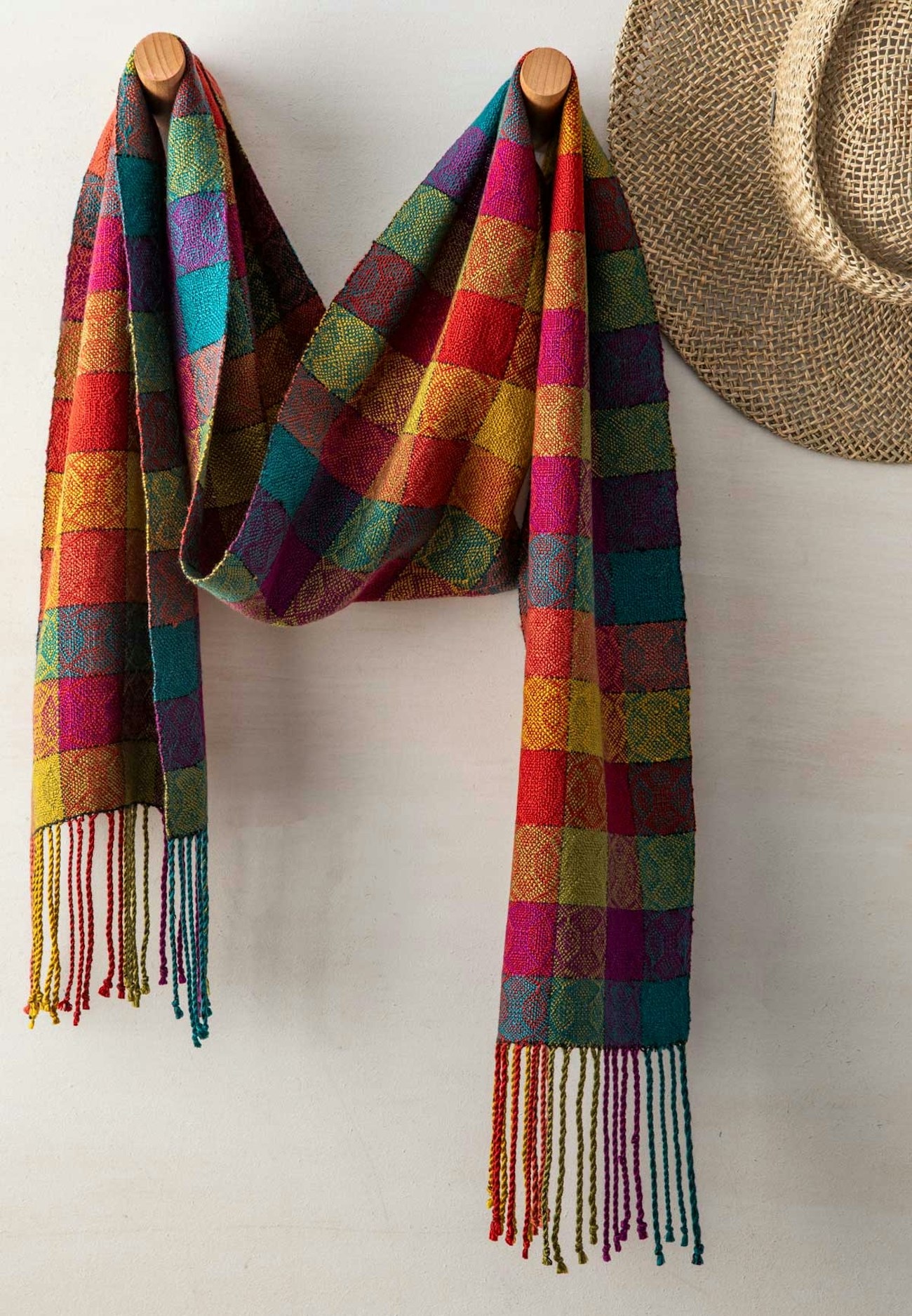 A scarf woven in rich color blocks.