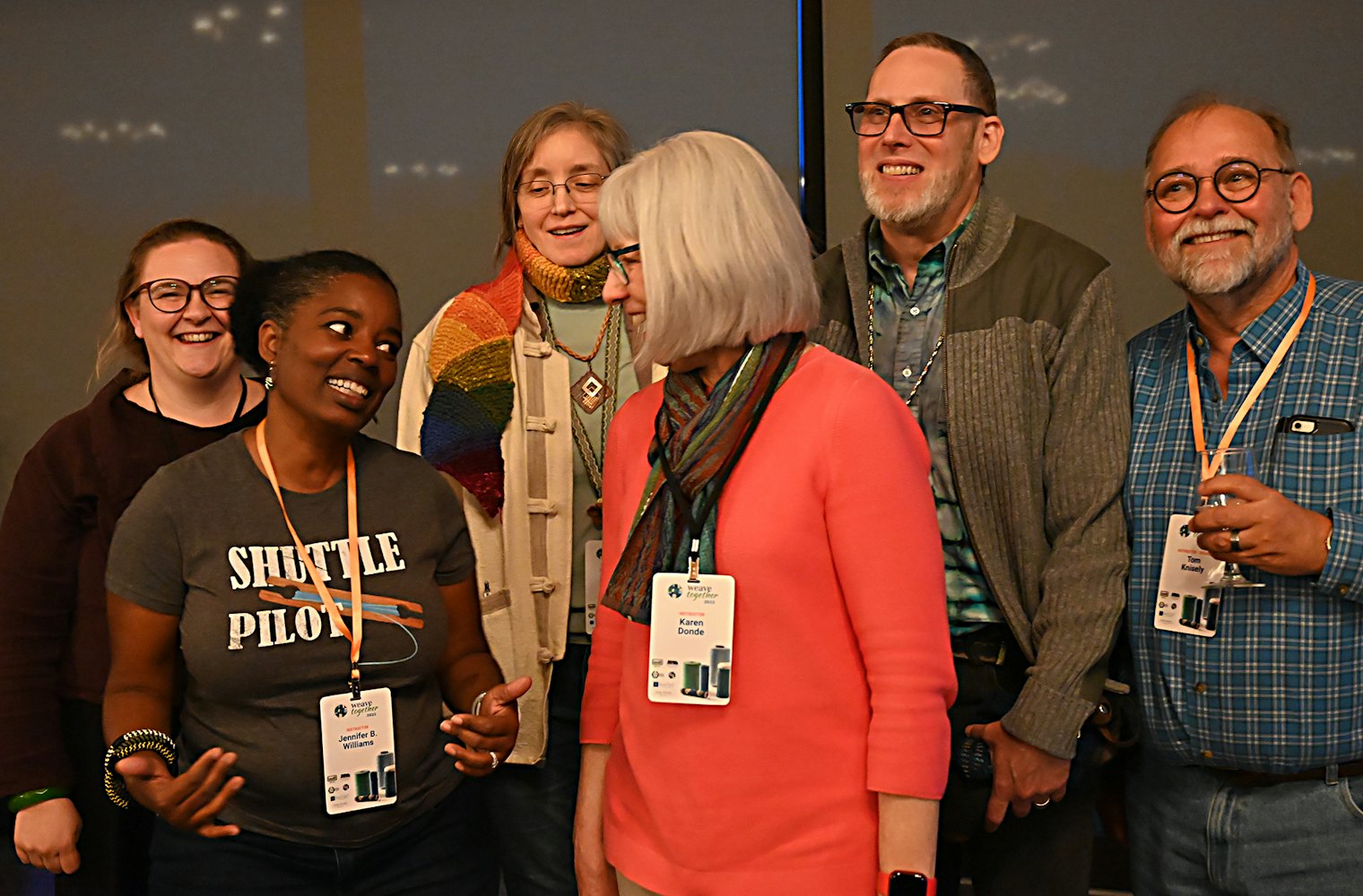 Weave Together 2025 instructors from left: Sara C. Bixler, Jennifer B. Williams, Angela K. Schneider, Karen Donde, John Mullarkey, and Tom Knisely. Not shown: Angela Tong and Mary Shackleford.