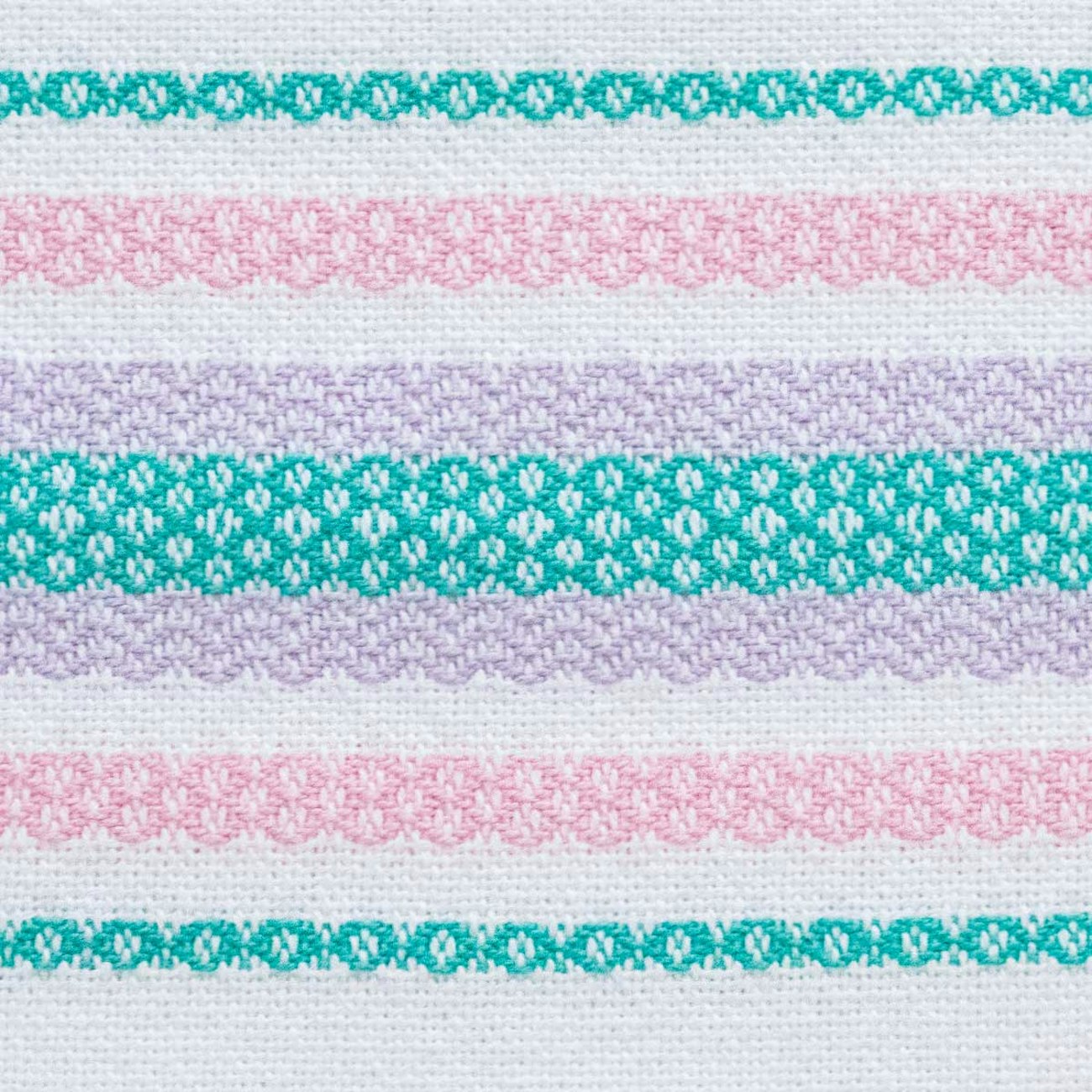 Bands of pink, lavender, and turquoise rosepath twill.