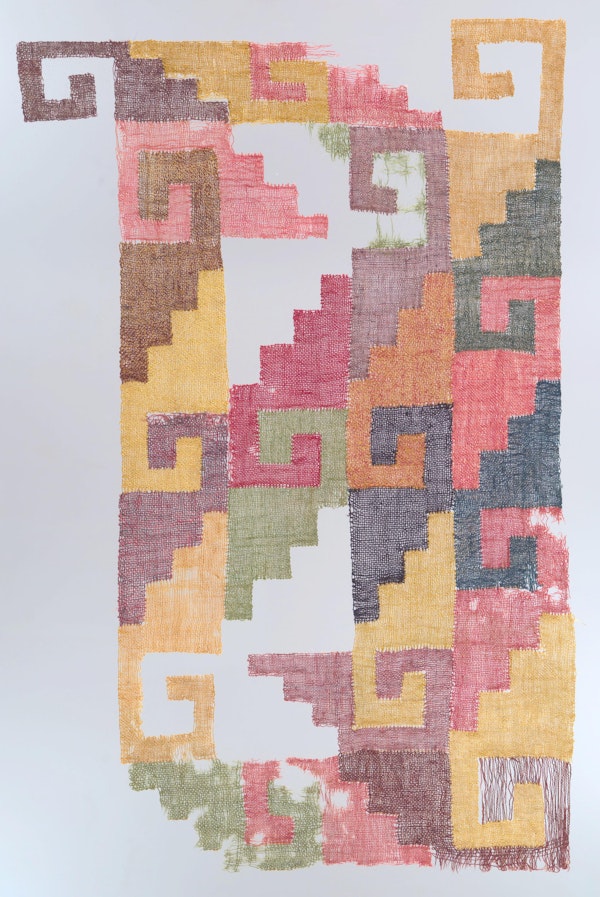 Fragment displaying stepped-fret motif woven in camelid wool and cotton. Plain weave of discontinuous single interlocking warps and wefts. Source: Nasca, South coast, Peru. About 200-500 CE. Courtesy of Art Institute of Chicago, CC0 license